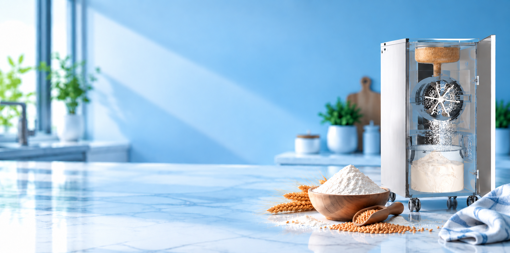 Jagruti domestic flour mill grinding fresh atta in an Indian kitchen